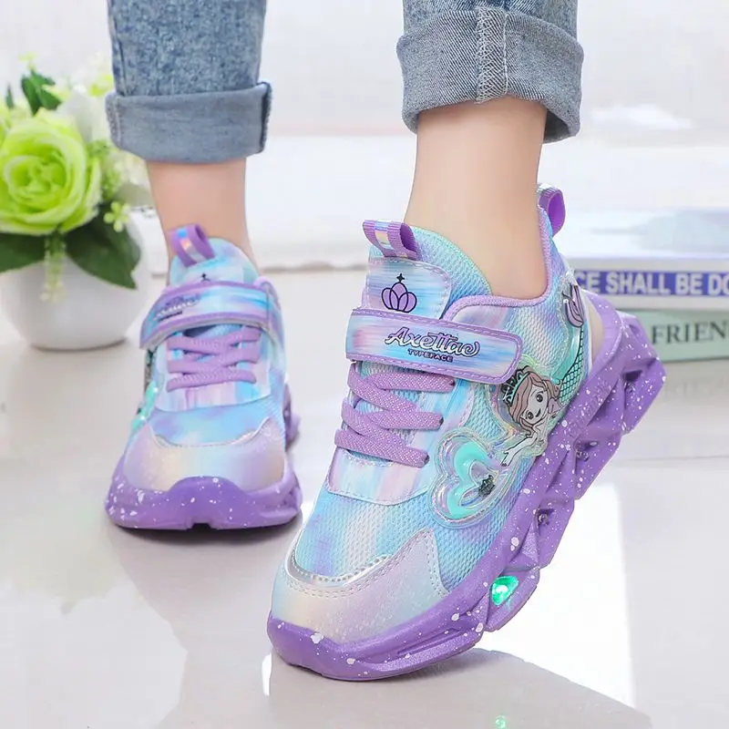 Children\'s Sports Shoes with Lights Cute Cartoon Mermaid Girls Sneakers Led Luminous Light Running Shoes Leather Toddler Shoes