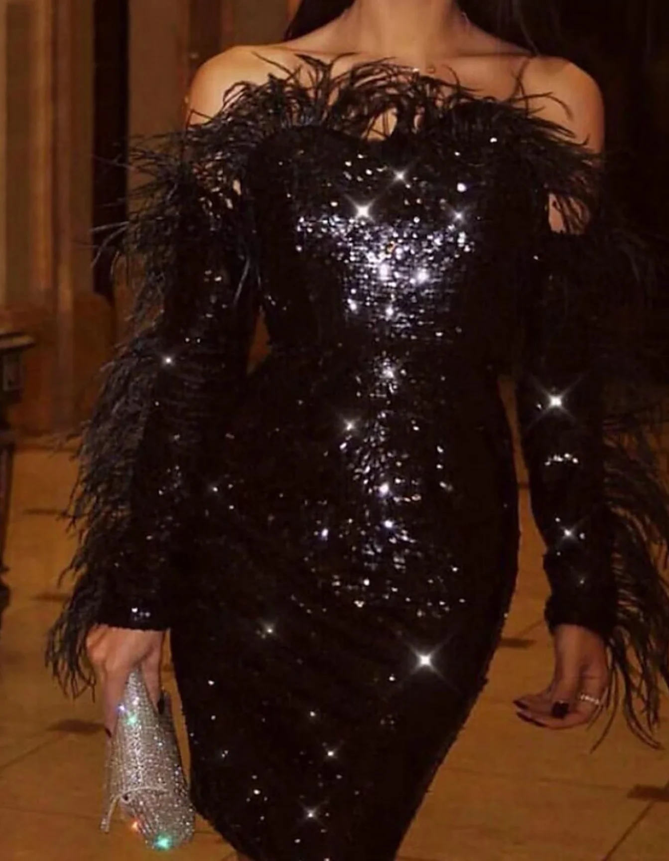 

Cocktail Black Dress Vintage Dress Carnival Knee Length Long Sleeve Off Shoulder Sequined with Feather 2024