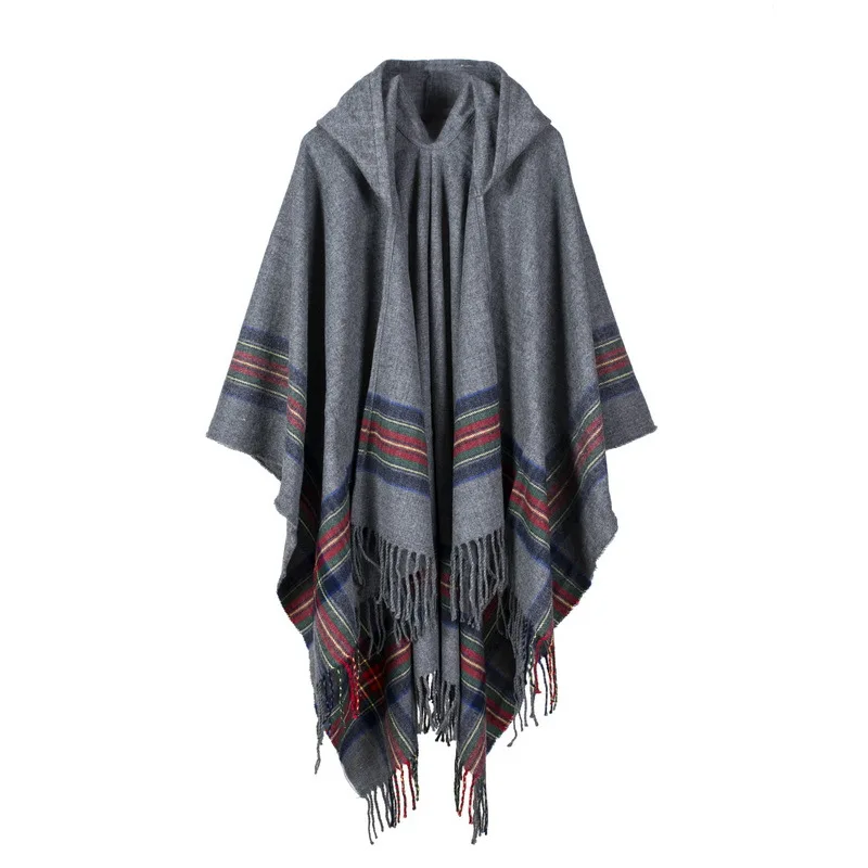 

Autumn Winter Women Imitation Cashmere Jacquard Shawl Can Wear Warm Lengthened Fashionable Hooded Cloak Ponchos Capes Gray