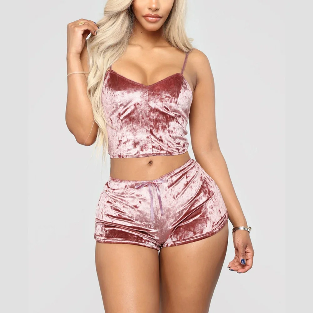 Women Sexy Lingerie Set Oil Shiny Nightwear Super Soft Short Sleepwear Sleeveless Crop Tops Solid Shorts Pajamas Set Casual Wear women pajamas set women pajama suit