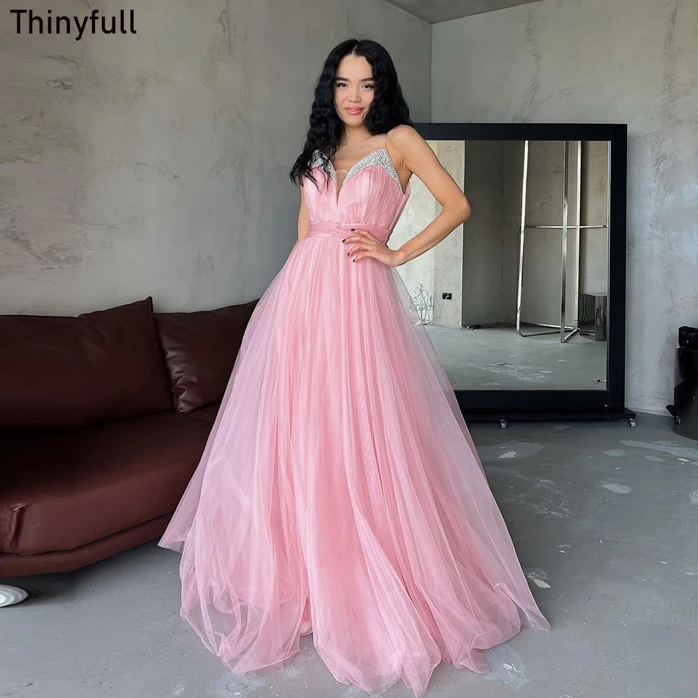 

Женское вечернее платье на тонких бретельках Thinyfull, блестящее Тюлевое платье-трапеция без рукавов с V-образным вырезом, блестящее платье для торжественных мероприятий и выпускного вечера
