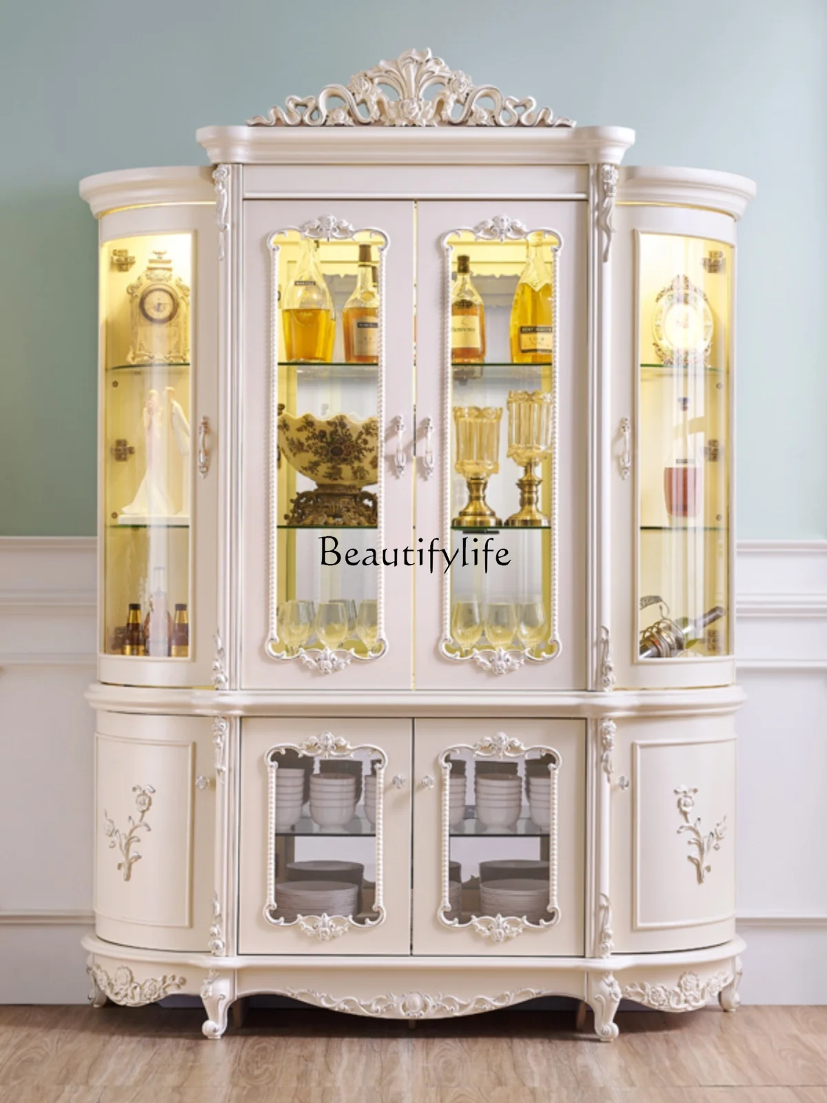 European-Style Wall Home Living Room Glass Display Luxury Curio Cabinet Locker with Door