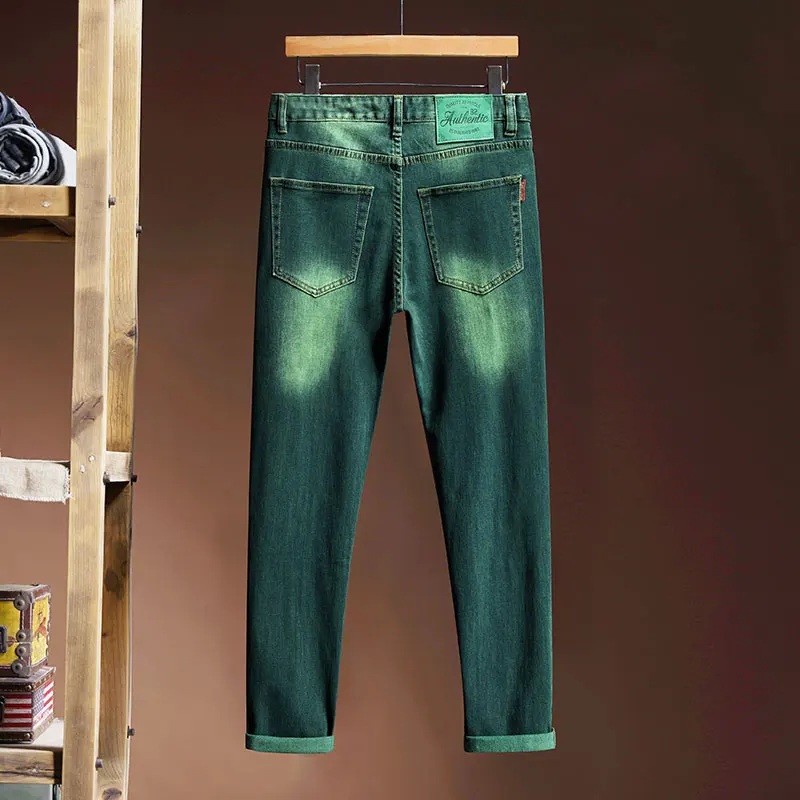 2024Summer emerald green jeans men's fashion simple high-end all-match stretch slim fit trendy casual nostalgic classic trousers