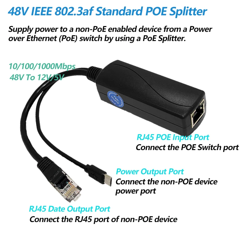 Revotech Gigabit PoE Splitter Micro USB/Type-C/DC IEEE 802.3af 10/100/1000Mbps Power over Ethernet for IP Camera / Raspberry PI 3
