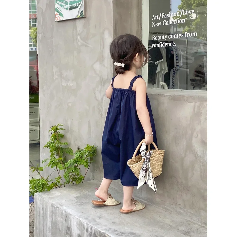 

2023 Summer New Versatile Comfortable Jumpsuit Baby Girls Kids Cotton Overalls Temperament Cool Suspender Pant Wide Leg Trousers