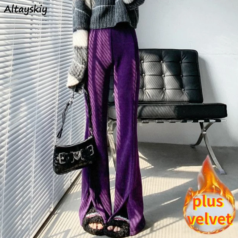 

Flare Pants Women Corduroy Winter Slit Trousers Vintage Lazy Slim Casual Ulzzang Temper Warm High Waist Streetwear Daily Simply