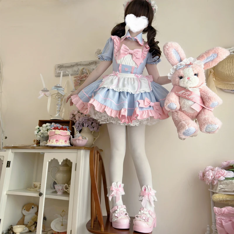 Anime Japanese Gothic Lolita Sweet Apron Bow Maid Dress Set Women Girls Puff Sleeve Cute Dress Halloween Party Cosplay Costumes