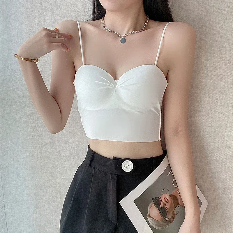 Spaghetti Strap Ice Silk Camisole for Women Solid Push Up Crop Tops With Chest Pad women tank tops lace camisole tops