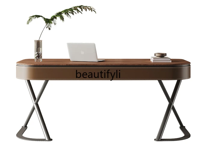 

Italian minimalist high-end solid wood desk living room home walnut veneer saddle leather office computer desk and chair