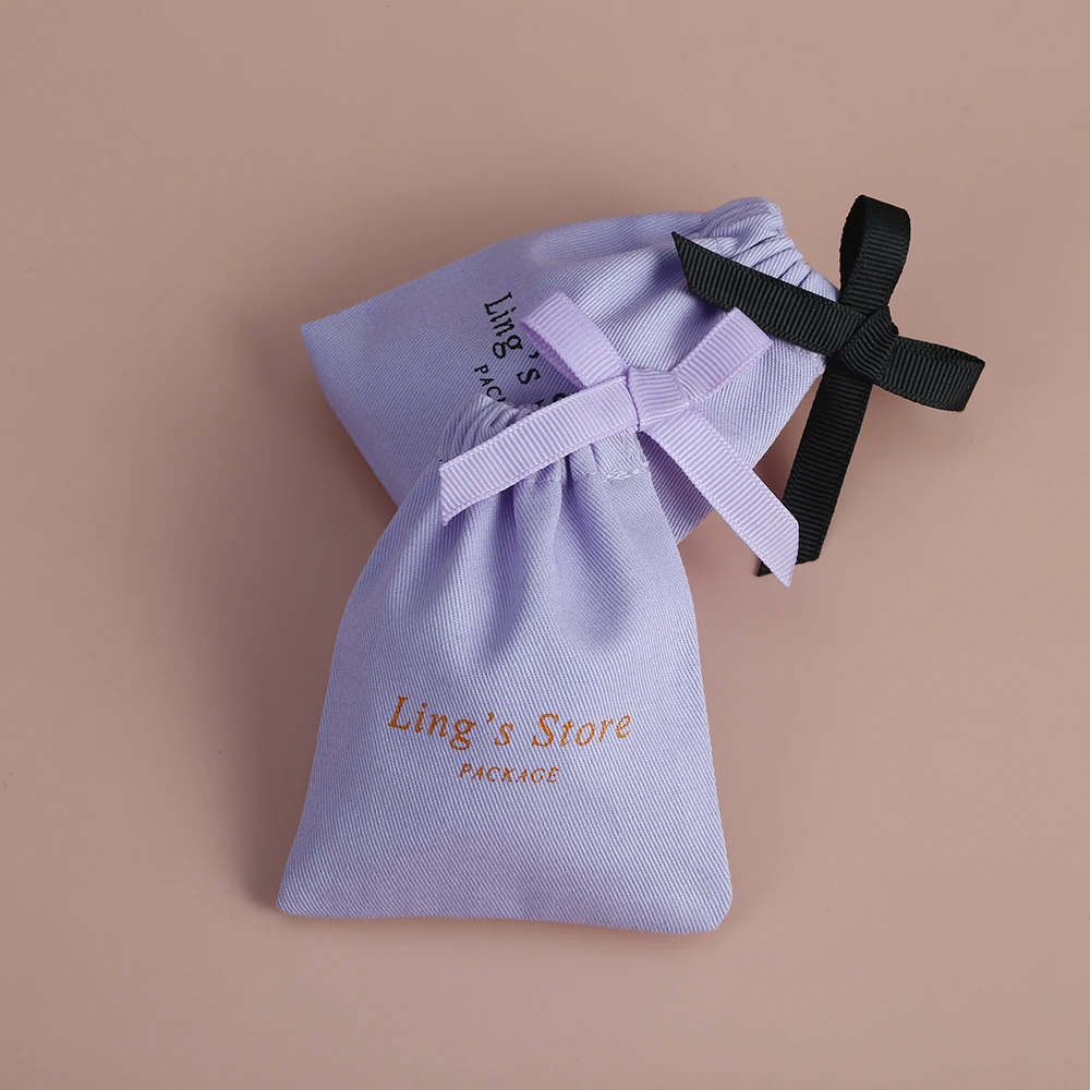 100Pcs Personalized Logo Name Purple Cotton Canvas Jewelry Ring Display Packaging Drawstring Gift Bags Wedding Favors Candy Bag