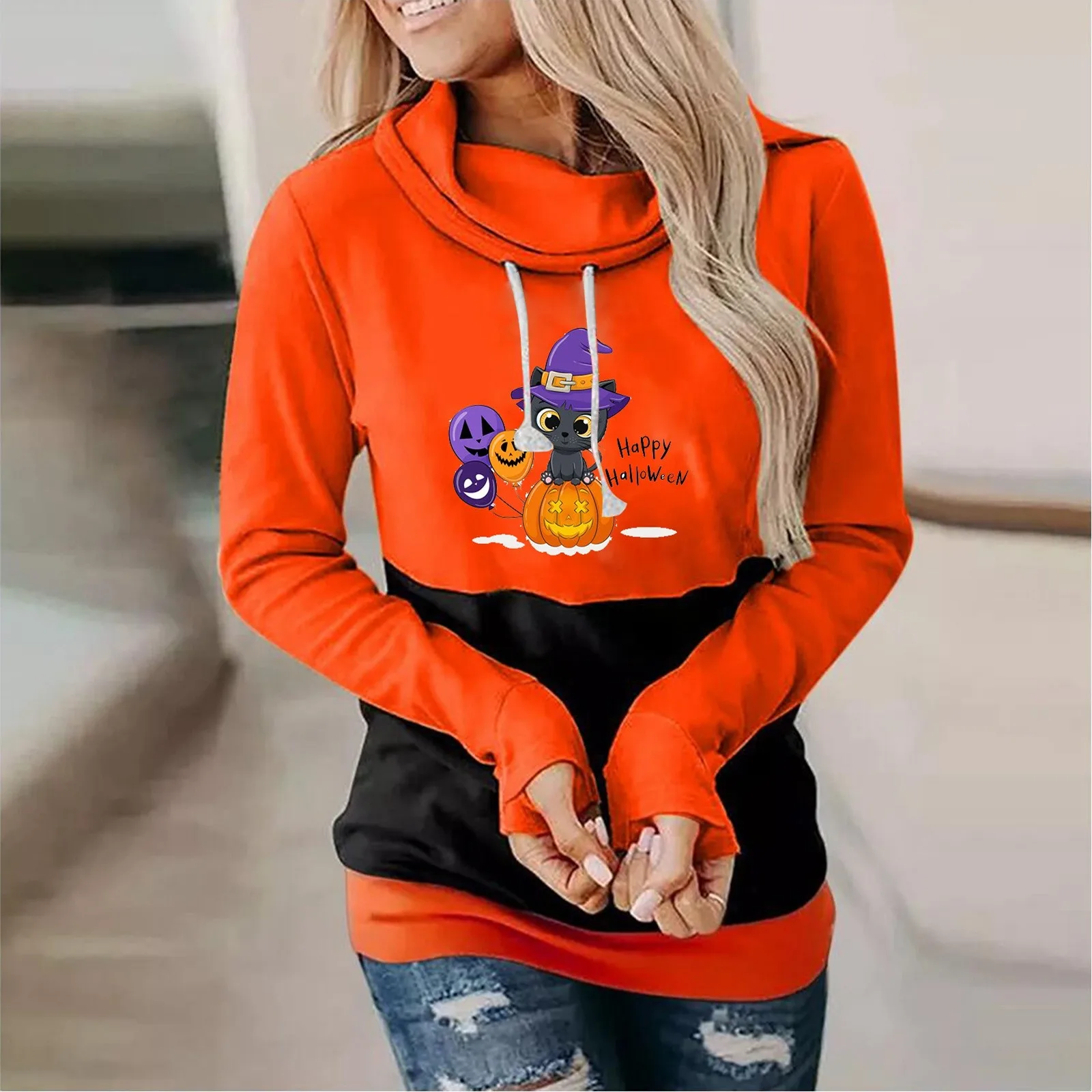 

Womens Cowl Neck Hoodies Women's Long Sleeved Oversized Sweater Hat Casual Halloween Printed Color Matching Comfy Womens Hoodie
