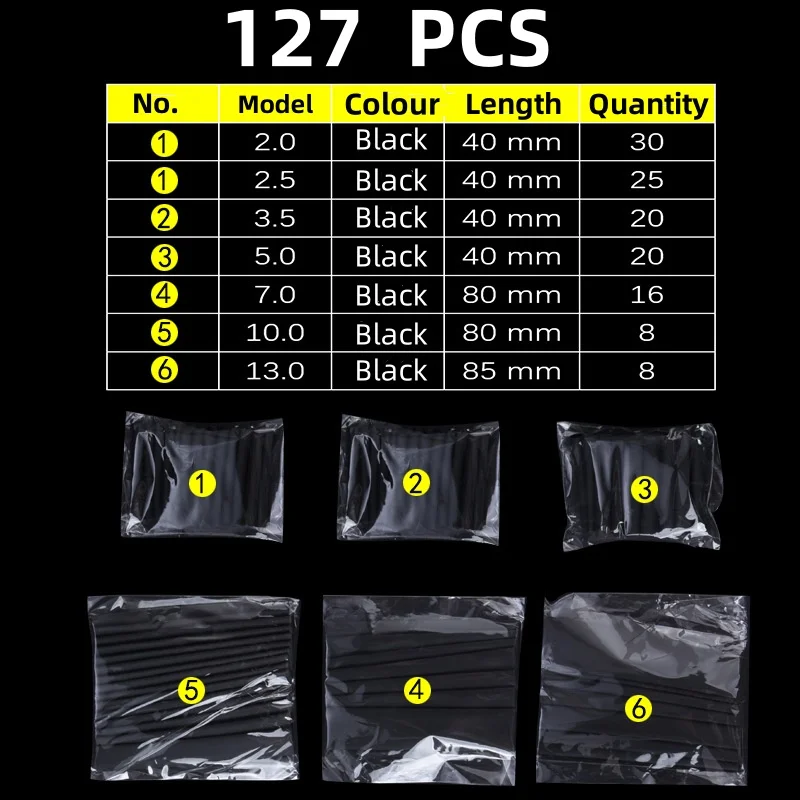 127pcs Black 7 Sizes Assorted Bagged flame-retardant Heat Shrinkable Tube Combination Sets Car Accessories