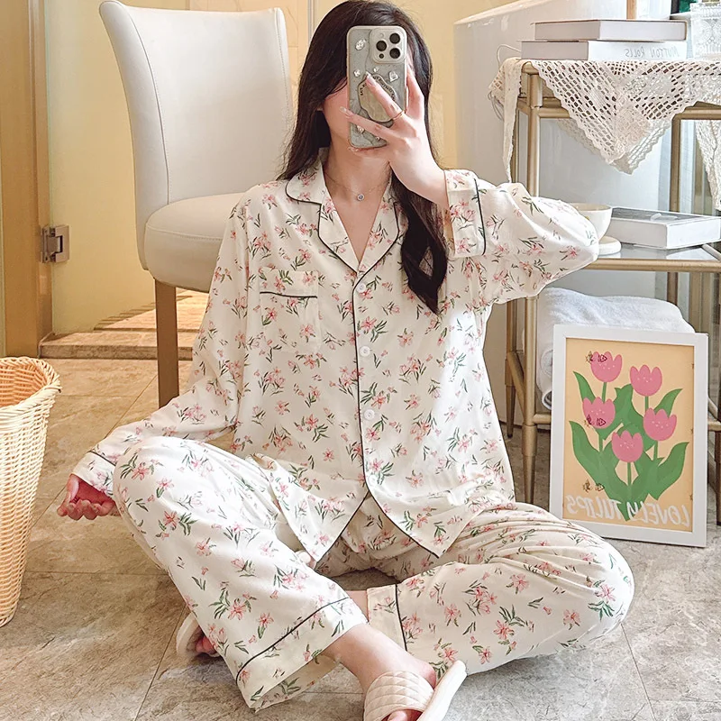 Spring Female Pajamas Long Sleeve Pant Two-piece Set Thin Lapel Cotton Silk Nightgown Sweet Print Home Wear Clothing for Women