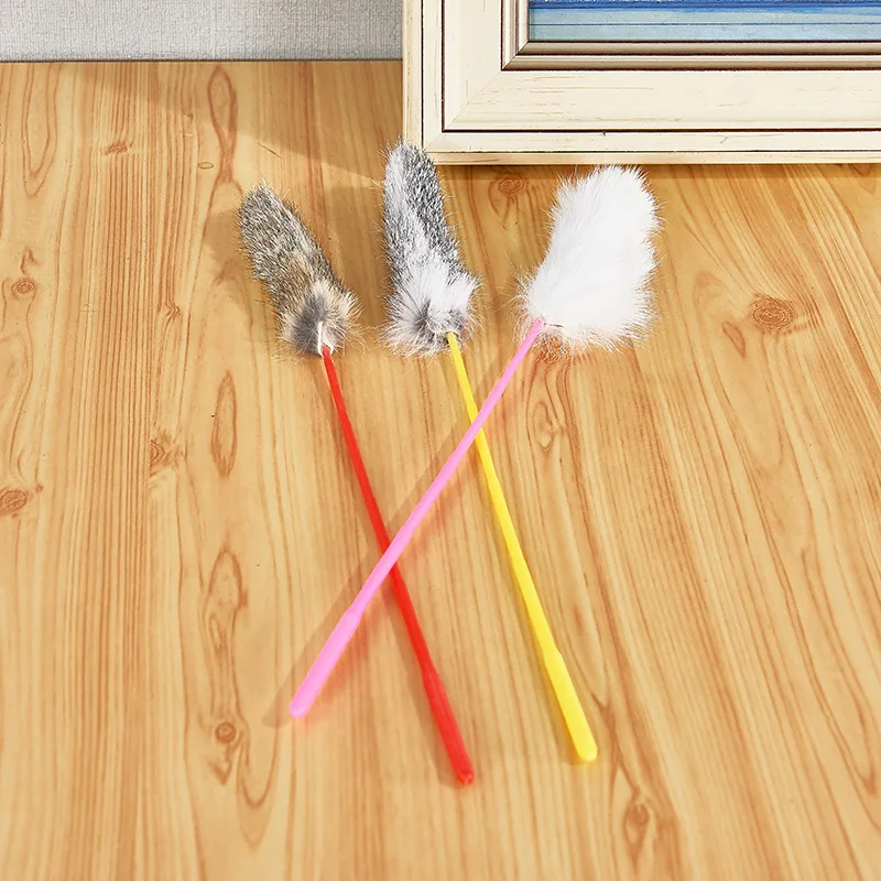 Random Color Tease Cat Stick Faux Rabbit Fur Pompom Plush Pet Interactive Stick Cat Playing Training Toys Pet Supplies - Image 5