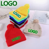New Custom Logo Solid Color Pompom Knitted Hats Outdoor for Women Warm Beanie Hat Hip Hop Skullies Kniting Cap Winter Ski Caps 1