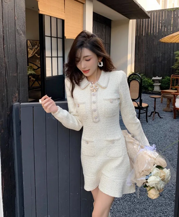 Elegant Short Dress European Style Tweed Lapel Beading Button Long Sleeve Fashion Dresses For Women 2025 Spring Summer 9896