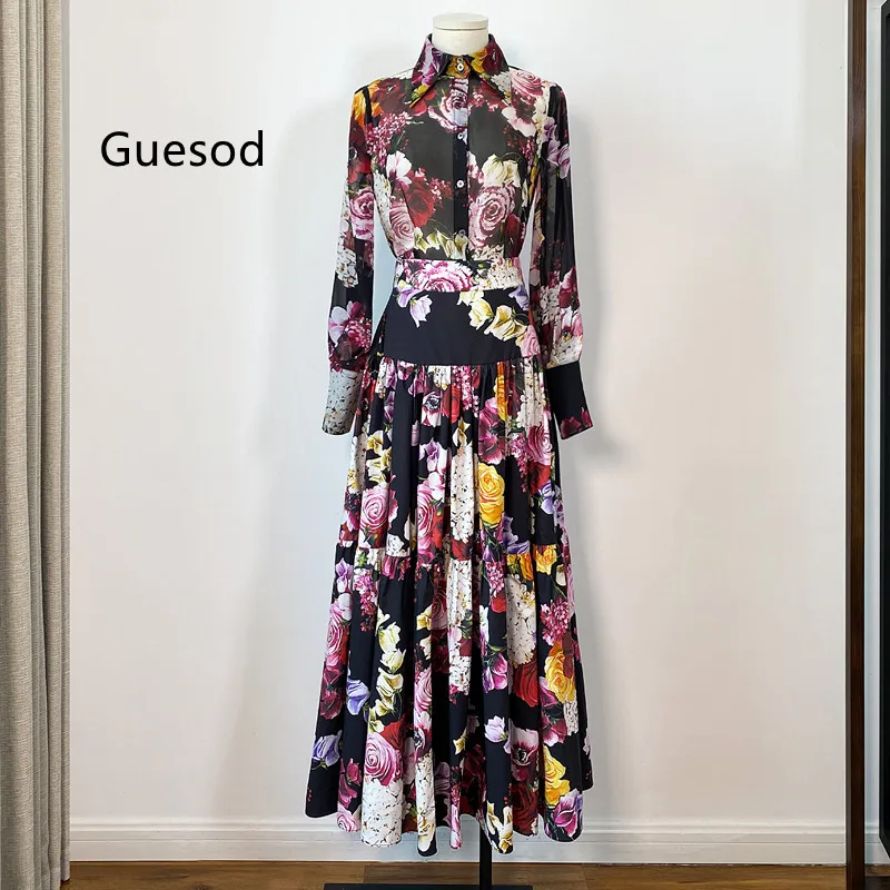 

Guesod Women Silk Cotton Set Slim Print Poplin Long Sleeve Silk Blouse 2022 Autumn Winter Female Top Quality Long Skirt Suit New