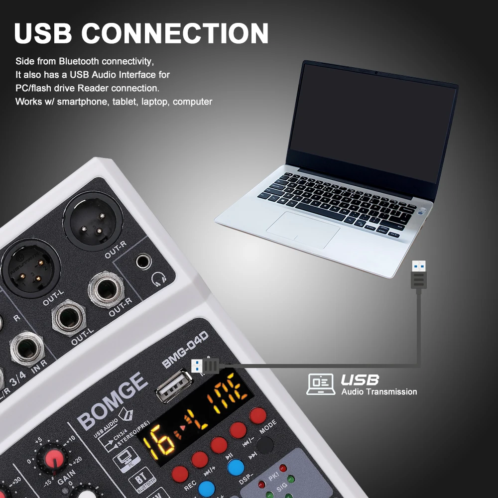 Audio Mixer 4 Channels Audio Sound Mixer Mixing DJ Console USB 48V Phantom Power 16 DSP Effects