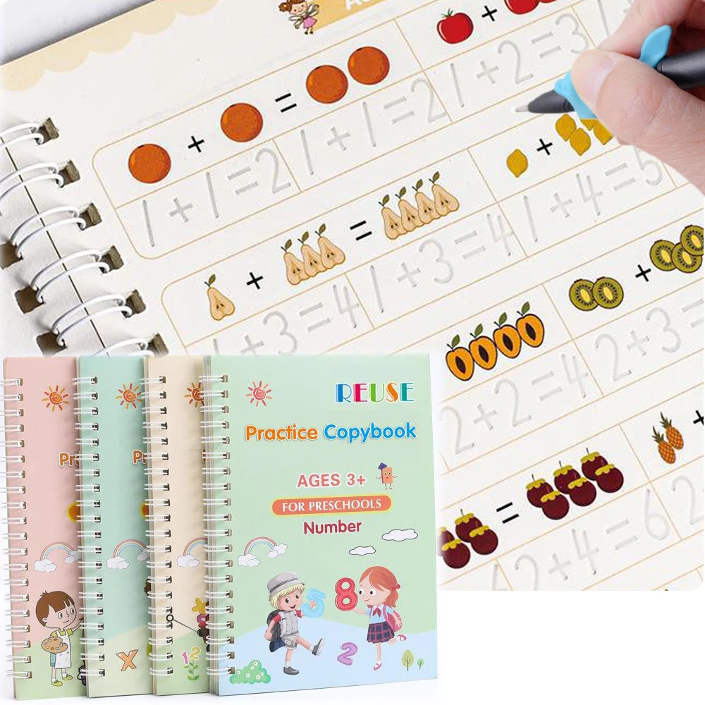 

4 Books + Pen Resuable Magic Copybook Groove Practice Calligraphy Book for Handwriting Preschool Exercise Book Kids Montessori