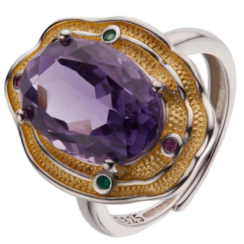 Colorful Gem New Genuine 925 Silver Inlaid Natural Amethyst Gem Women'S Ring Adjustable Jewelry Free Shipping