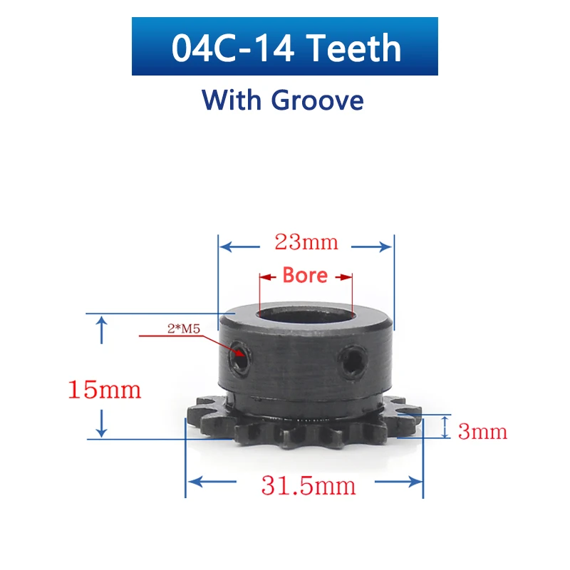 Description Picture 3 of item1pc 14 Teeth 04C Chain Gear 45# Steel 14T Industrial Transmission Drive Sprocket Wheel Bore Size 5 6 6.35 7 8 10 12 14 15mm