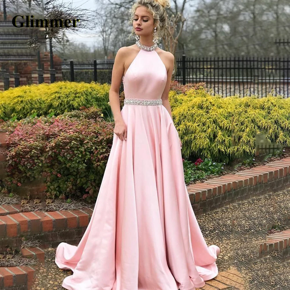 

Glimmer Modern Halter Evening Dresses A Line Rhinestones Pleat Sleeveless Backless Sweep Train Vestidos De Festa Customised