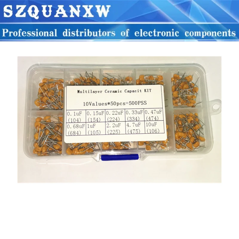 10value 50v 0.1uf 0.15uf 0.22uf 0.33uf 0.47uf 10uf Multilayer Ceramic Capacitor Assortment Kit 500pcs