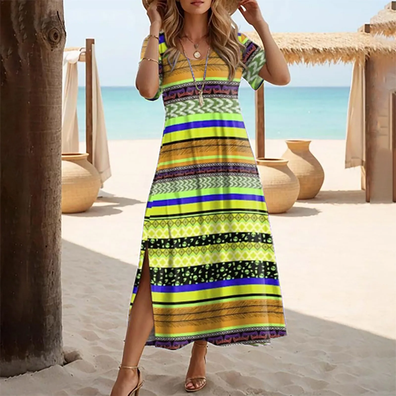 

Geometric Stripe Print Maxi Bohemian Dress Women's Summer 2024 Short Sleeve Casual Long Dresses Split V Neck Boho Beach Sundress