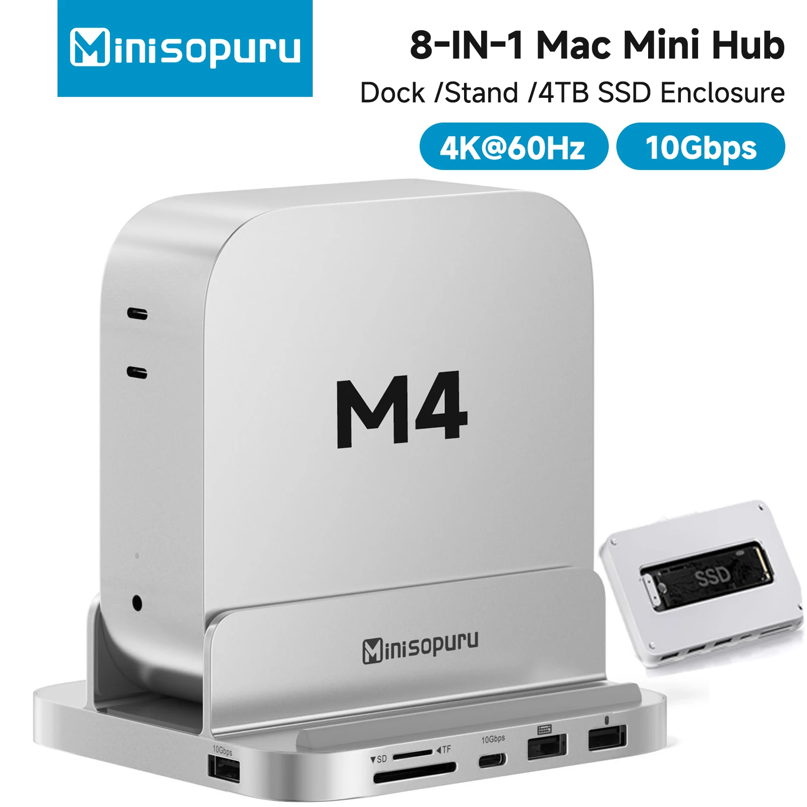 Minisopuru Mac Mini M4 Dock Stand with M.2 NVMe SSD Enclosure