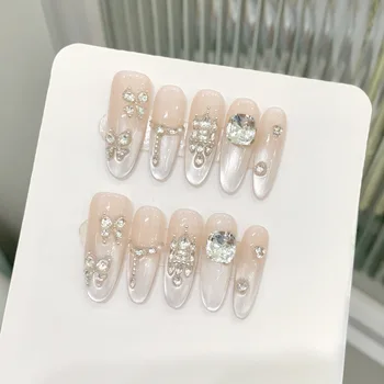 10pcs Pure Hand Pressed Long Oval Nail Art,Beautiful Fake Nail,Clear Cat's Eye And Luxurious Diamonds,Suitable For Women 1