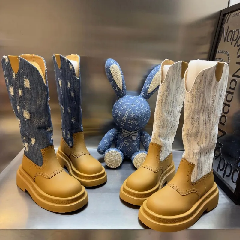 

Brand Women Shoes 2023 Street Fashion Winter Women's Boots Trendy Color Contrast Cowboy Boots Casual All-match Ladies Knee Boots