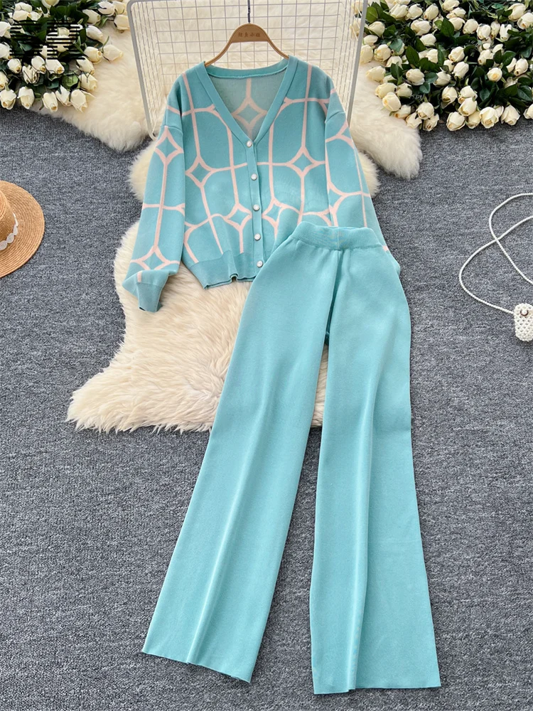SINGREINY Basics Print Knit Two Pieces Sets Autumn Winter Single Breasted Cardigan+Wide Leg Long Pants Fashion Streetwear Suits 5