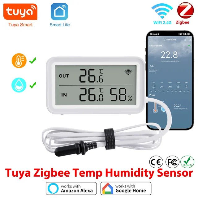 Tuya WiFi Zigbee Temperature Humidity Sensor with External Probe APP Remote Control Workwith Yandex SmartLife Alexa