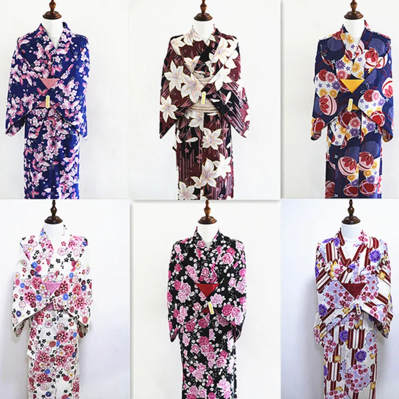 

Кимоно женское в японском стиле, длинное хлопковое официальное платье в стиле ретро, юката, одежда для путешествий и фотосъемки, костюм для косплея, комплект из 4 предметов, на лето