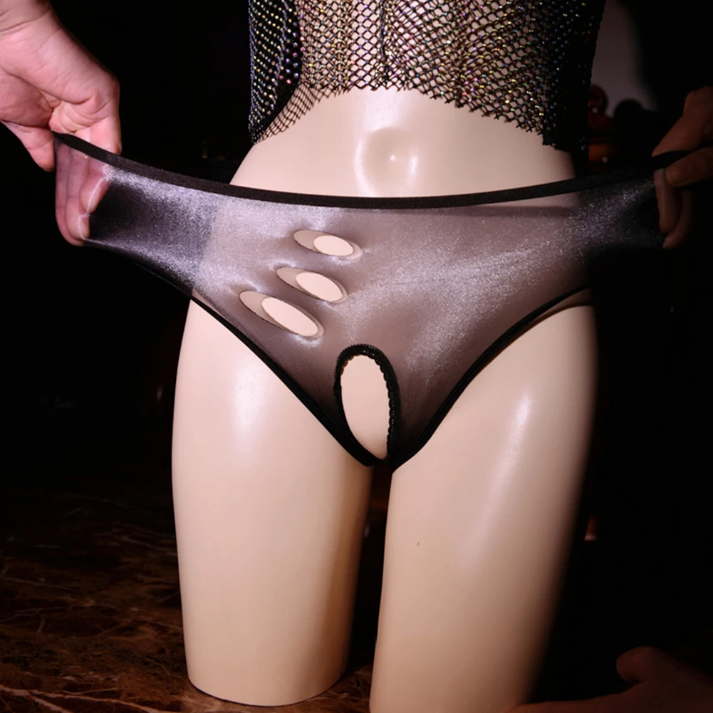 

Men's Sexy Open Crotch Underwear Women Oil Shiny Briefs Hollow Out Underpants Glossy Panties Erotic Lingerie Transparent Briefs