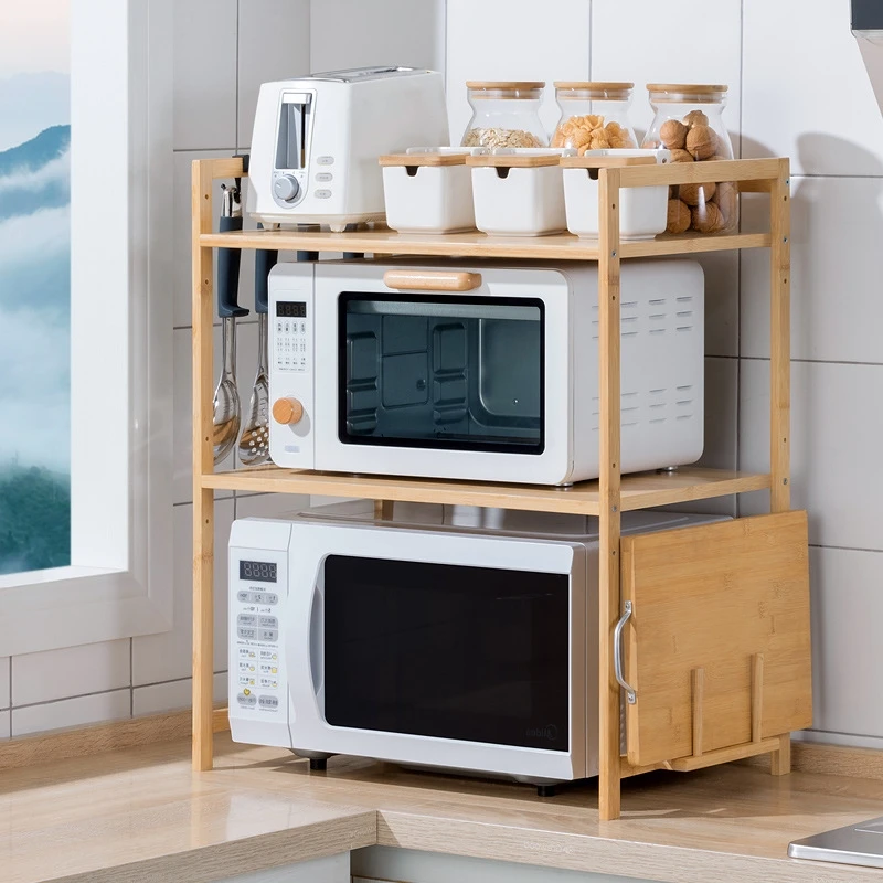 

Storage Rack Bamboo Cutlery Holder Kitchen Spice Rack Countertop Double-layer Microwave Oven Rack Desktop Oven