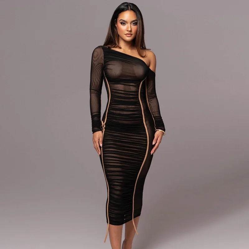 White Mesh Off-Shoulder Maxi Dress Female Long Sleeve Patchwork Fashion Contrast Summer Backless Ladies Party Long Dress