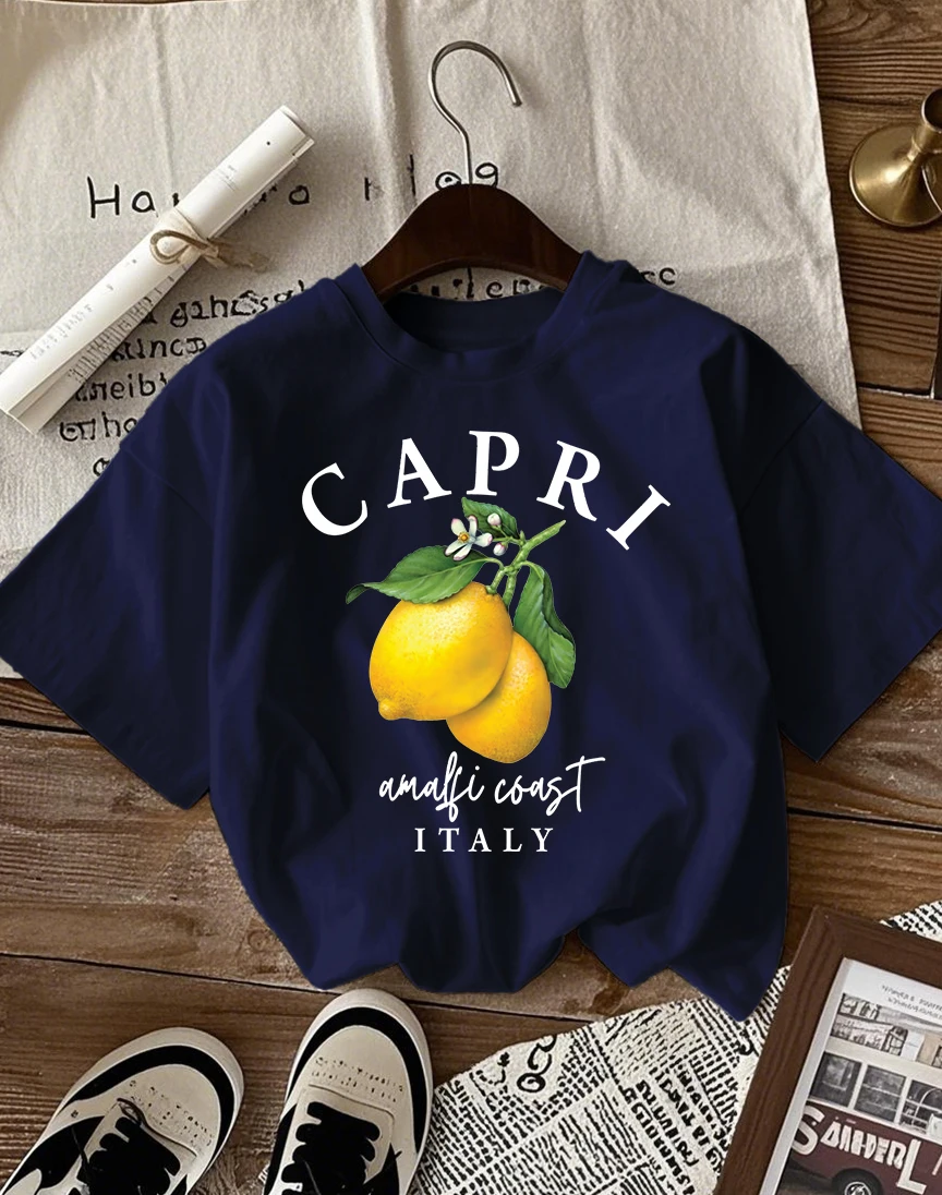 Italian Lemon Print Women's Cotton T-Shirt - O-Neck Short Sleeve Trendy Loose Streetwear Summer Top