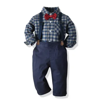 Children's Plaid Shirt and strap pants set for Boys with Bow Tie baby boy clothes 0 to 3Y Autumn Boys Clothes 70-130cm 1