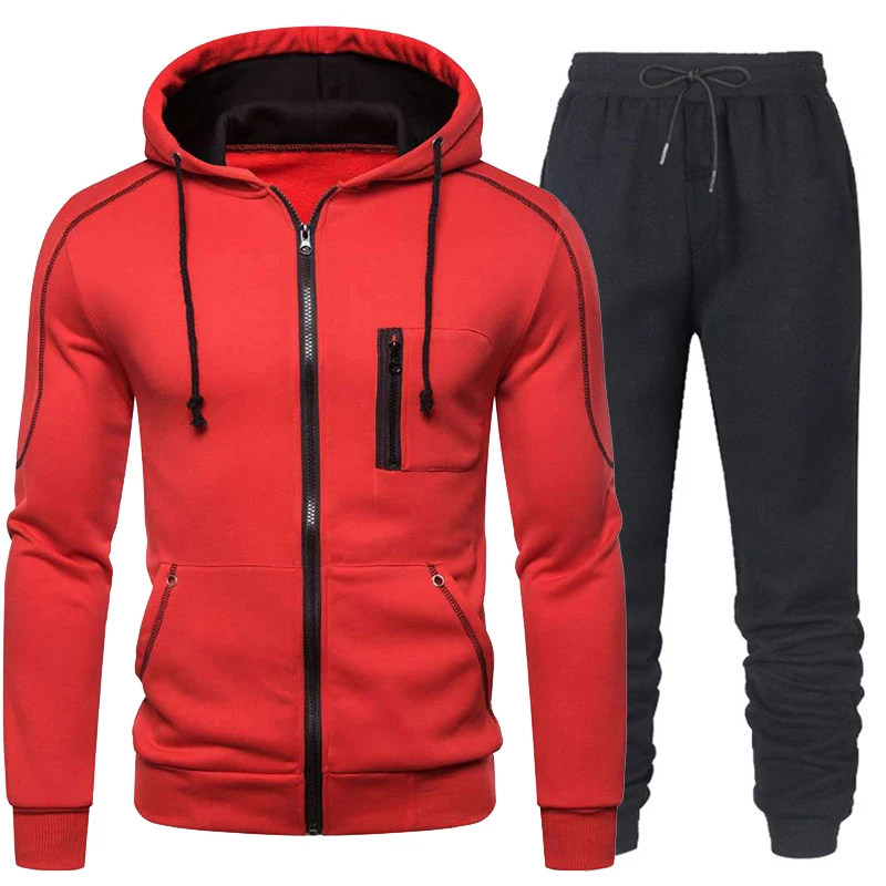 New ArrivalMen's Zipper Hoodie Solid jacket and sweatpants two-piece men's casual sports suit
