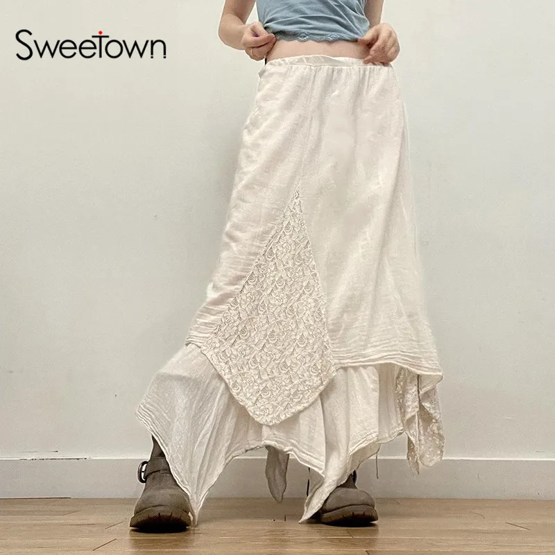 

Однотонная простая повседневная свободная Асимметричная длинная юбка Sweetown для женщин, кружевная Лоскутная винтажная Праздничная юбка с низкой талией