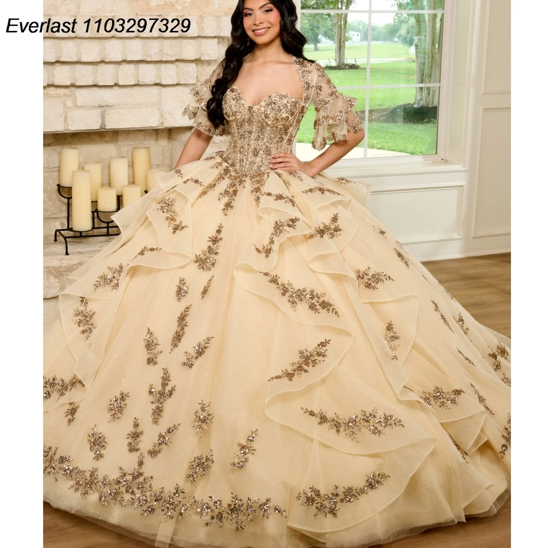 

EVLAST Champagne Quinceanera Dress Ball Gown Lace Applique Crystals Beads With Cape Tiered Sweet 16 Vestido De 15 Anos TQD462
