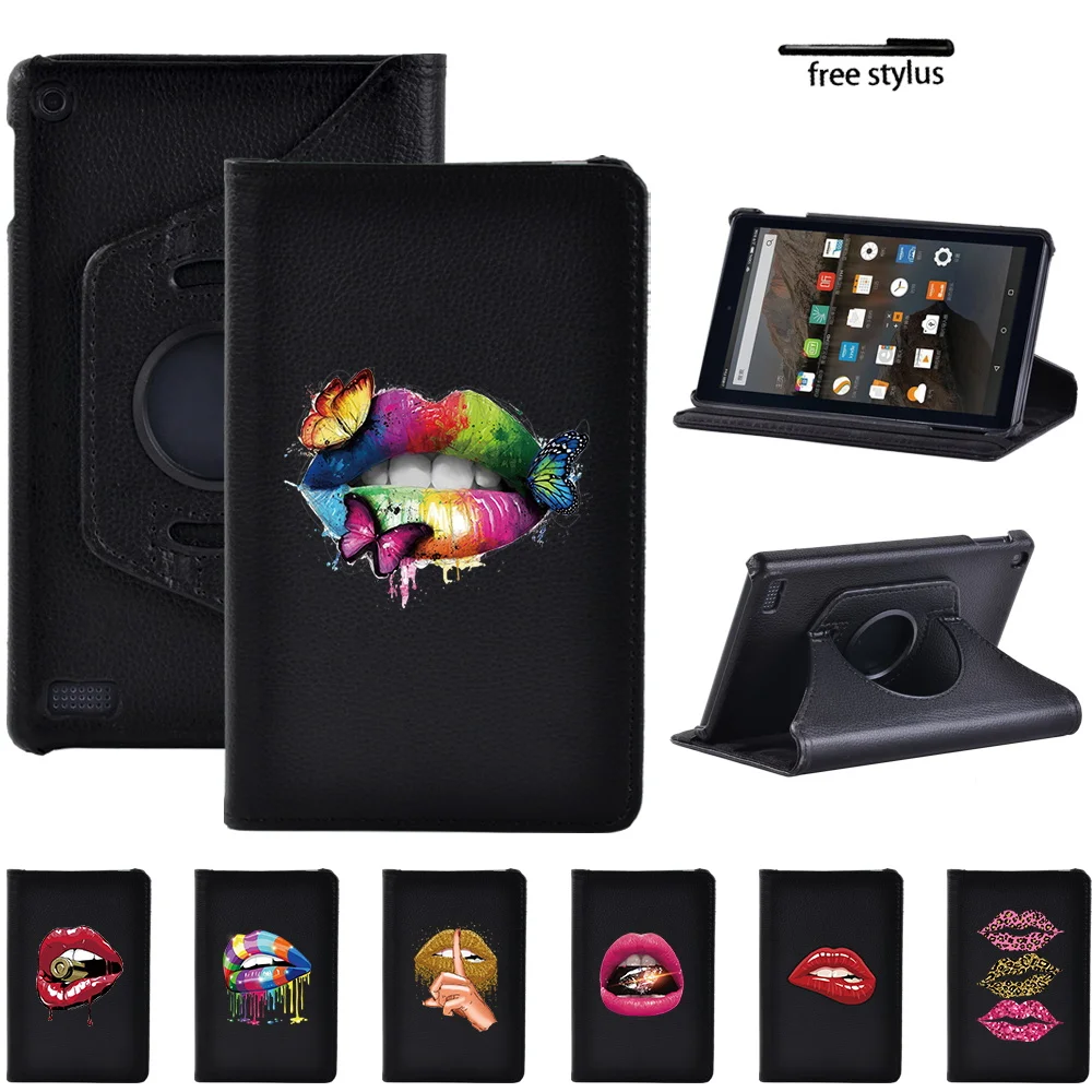 

360 Degree Smart Rotating Tablet Stand Case PU Leather Protective Cover for Fire 7 5th 7th 9th Gen 2015 2017 2019 Mouth Pattern