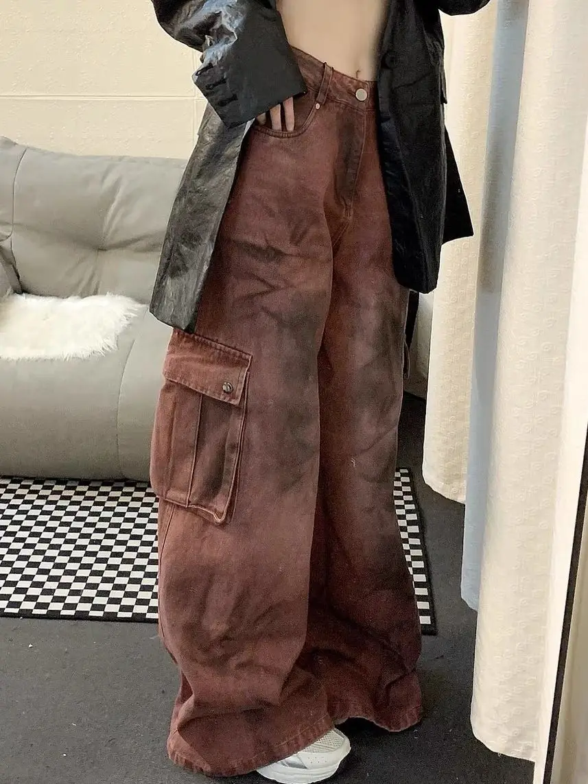 Do Old Vintage Gradient Baggy Jeans with Side Pocket Cargo Denim Pants y2k streetwear harajuku loose wide leg straight boyfriend