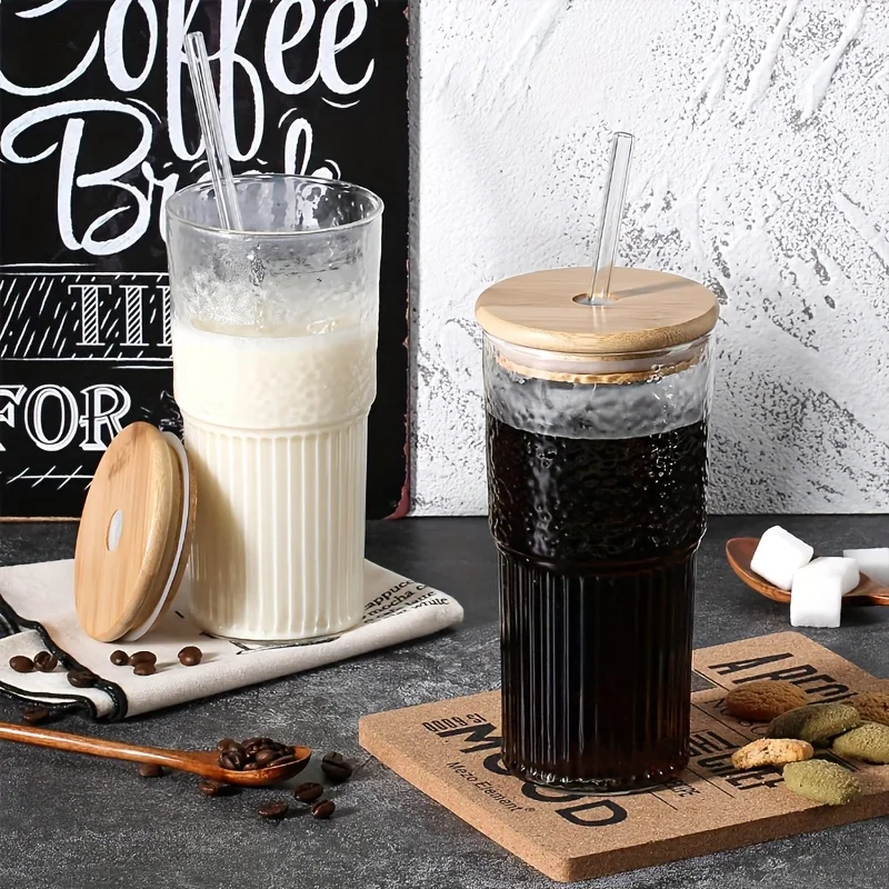 Set 2 Bicchieri In Vetro A Coste Da 590 Ml – Con Coperchi E Cannucce Di Vetro – Tazze Vintage Per Cocktail E Caffè Freddo