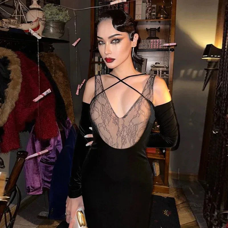 Women's Gothic Long Dress Fall Lace Splicing V Neck Off Shoulder High Waist Slimming Dress Party Club Outfit