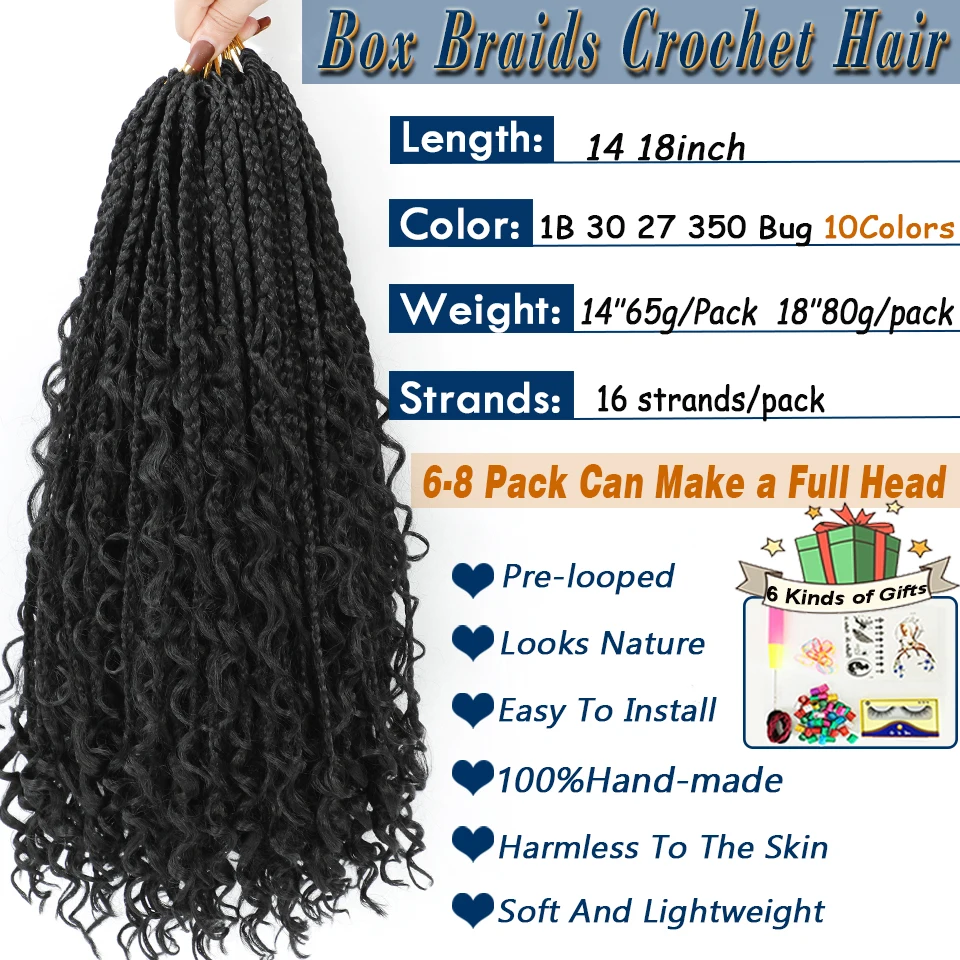 Goddess Bohemian Box Braids Crochet Hair Pre looped 18 14 Inch Boho Box Braids Soft Synthetic Braiding Hair for Black Women Kids 2