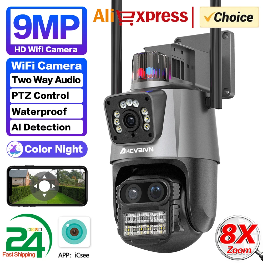 

PTZ IP Camera Wifi 5K 9MP HD Outdoor Security Camera Three-Lens Dual Screen Ai Tracking Video Surveillance Police Light Alarm