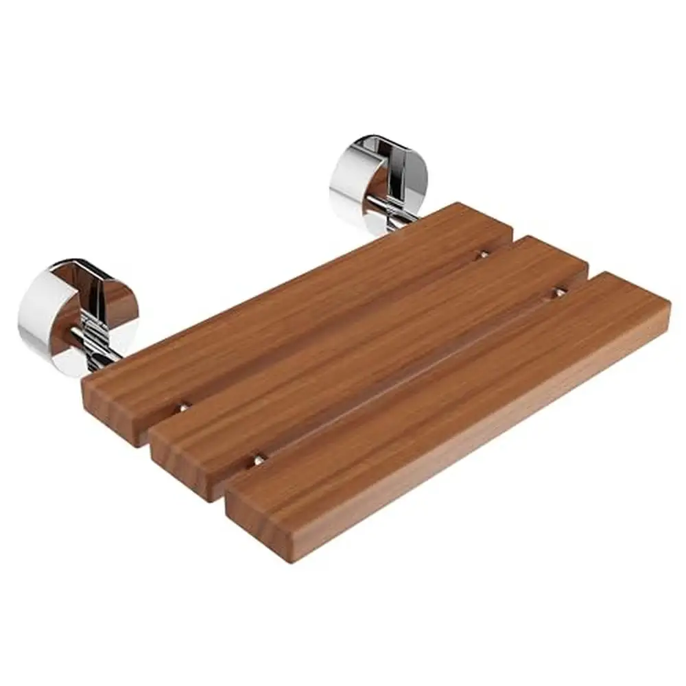 Teak Wood Wall Mounted Folding Shower Seat Non-Slip Brushed Nickel SSP-D-7 Rust-Resistant Aluminum 390lb Capacity ADA Compliant 2