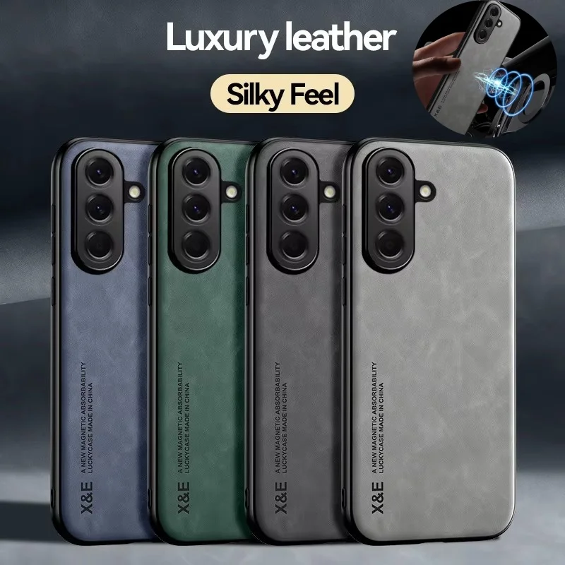 Premium Skin Feel Leather Phone Case with Magnetic Car Holder - Soft Silicone Protective Cover